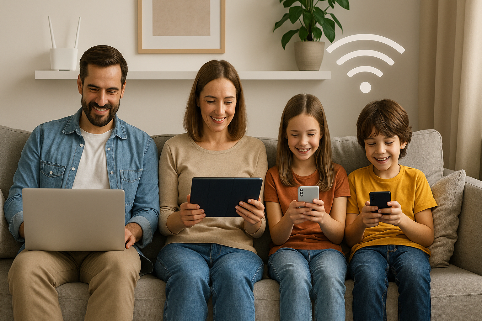 Família usando Wi‑Fi potente em toda a casa