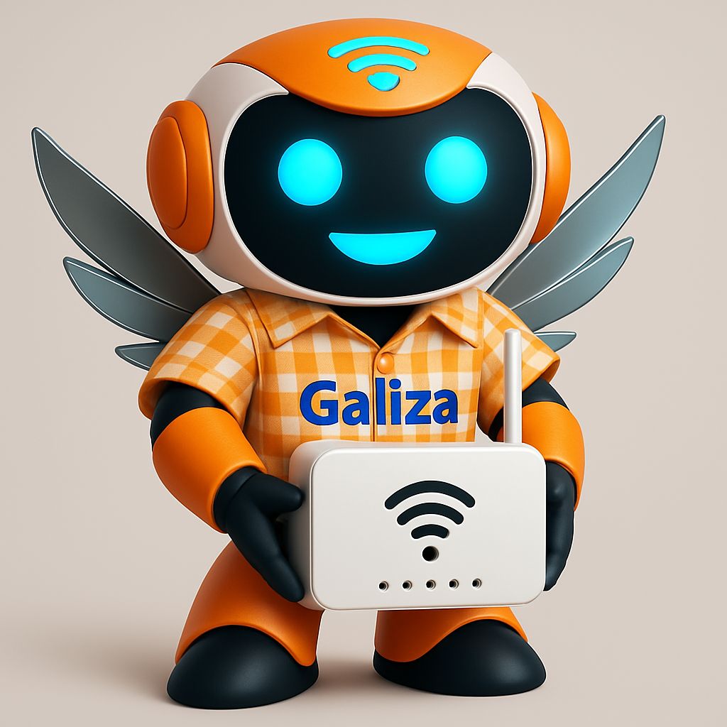 Mascote GalizaNET segurando um roteador